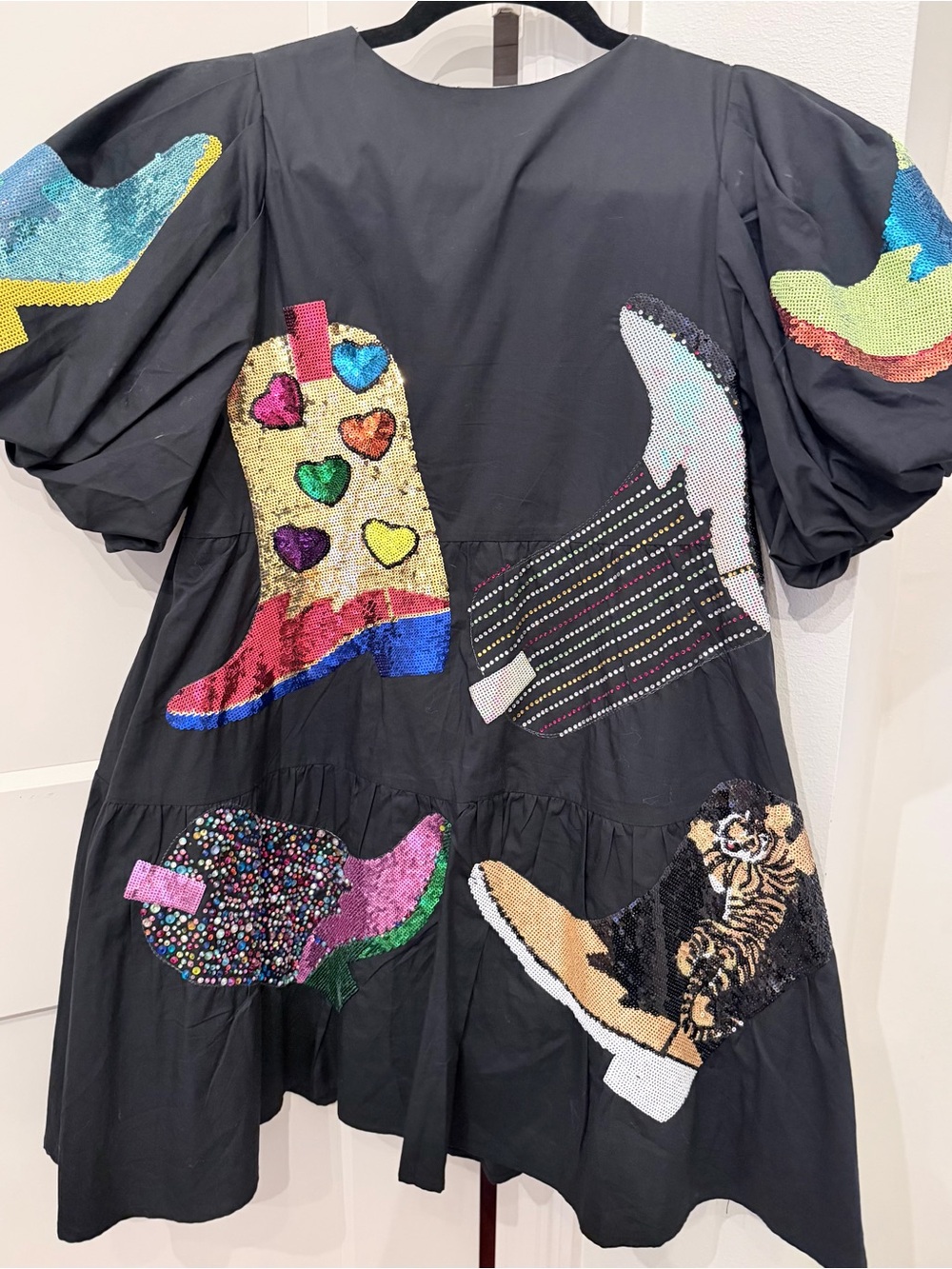 QUEEN OF SPARKLES Black Mini Dress with Multicolor Sequin Boot Motifs - Picture 4 of 4